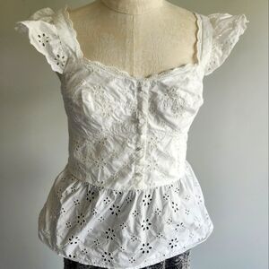 White Eyelet Corset Milkmaid Flutter Sleeve Peplum Blouse Tank Top Peasant